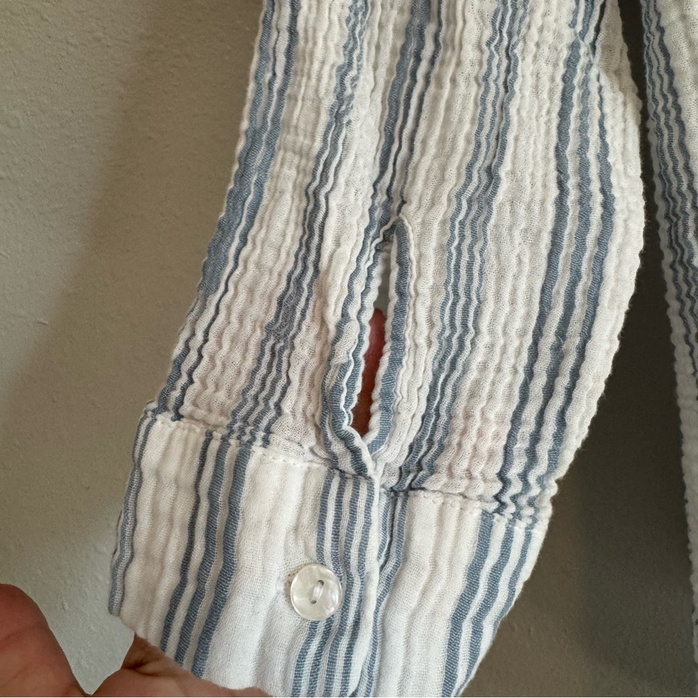 Softest Cotton Blue Striped Oversized Button Down Coastal Grandma Boho Chic - Picture 5 of 7